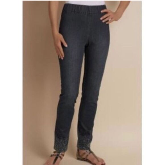 SOFT SURROUNDINGS BLACK DAZZLE DENIM METRO LEGGINGS RHINESTONE PULL ON PANTS sz - Picture 1 of 5